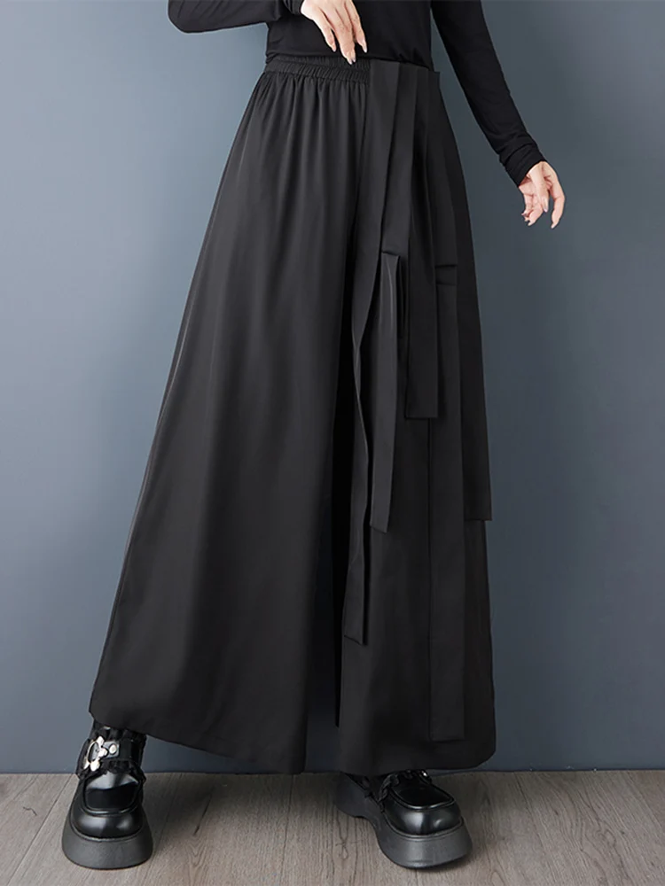 Black Vintage High Waist Casual Wide Leg Pants Women Spliced Ribbon Loose Ladies Trousers Fashion Streetwear Spring Autumn 2025