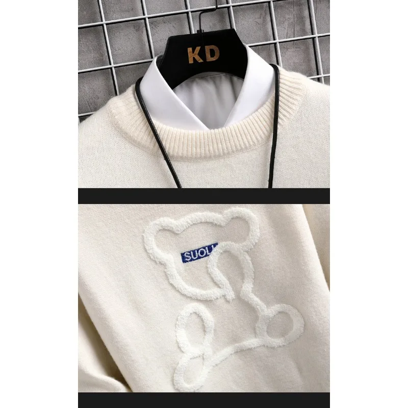 Mens Winter Thicken Fleece Warm Sweater Mens Fashion Casual Round Neck Bear Print Knitted Pullover Street Outdoor Sweatshirt 4XL 6