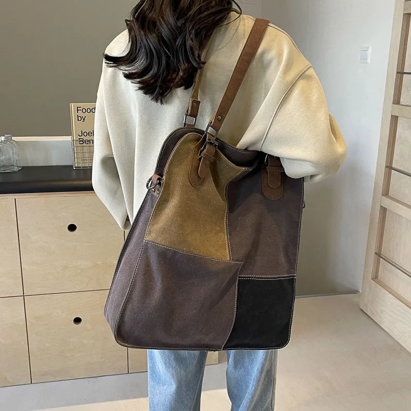 Vintage Tote Canvas Shoulder Bag Casual Large Capacity Handbag Splicing Style Unique Design Casual Trend Personality All-match