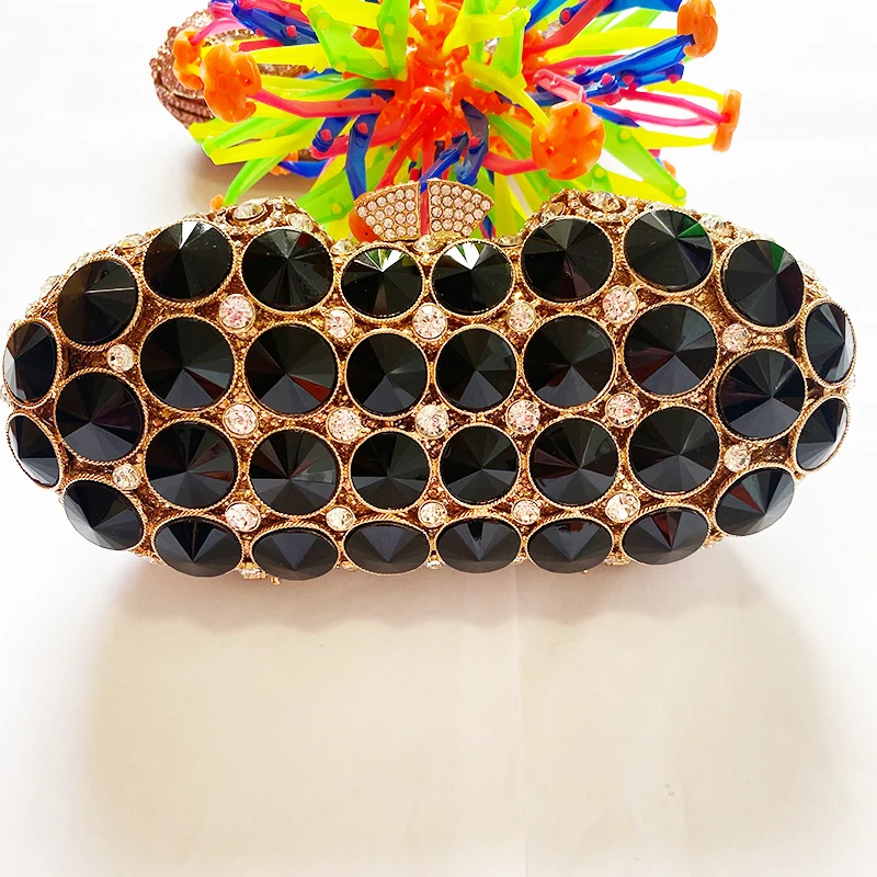 

IN STOCK Big Black Crystal Evening Clutches Bag WHTUOHENG Gold Metal Women Wedding Party Handbag Lady Purse