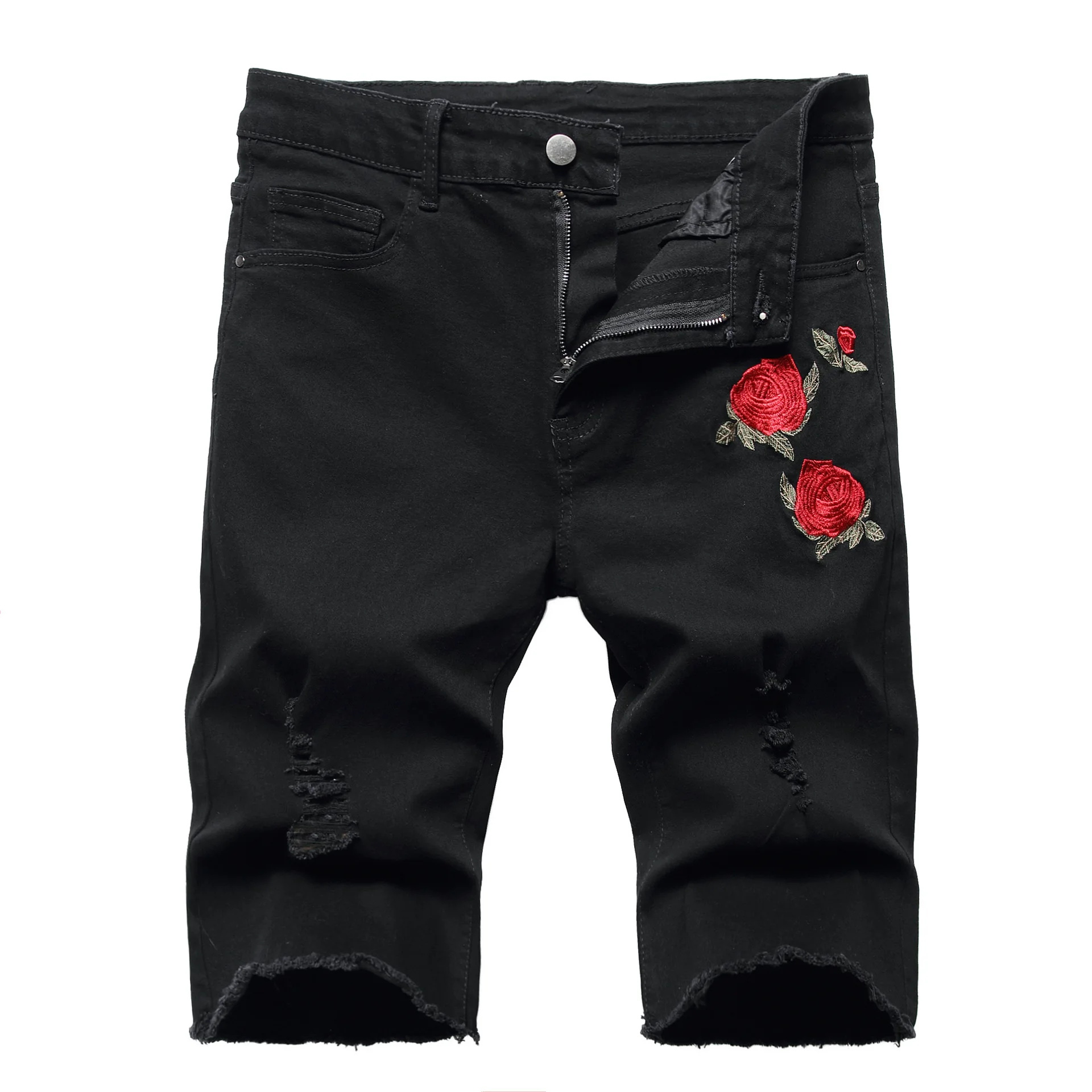Summer Red Rose Embroidered Jeans Shorts Men's Fashion Casual Shorts Black Blue White Men Torn and Frayed Denim Shorts