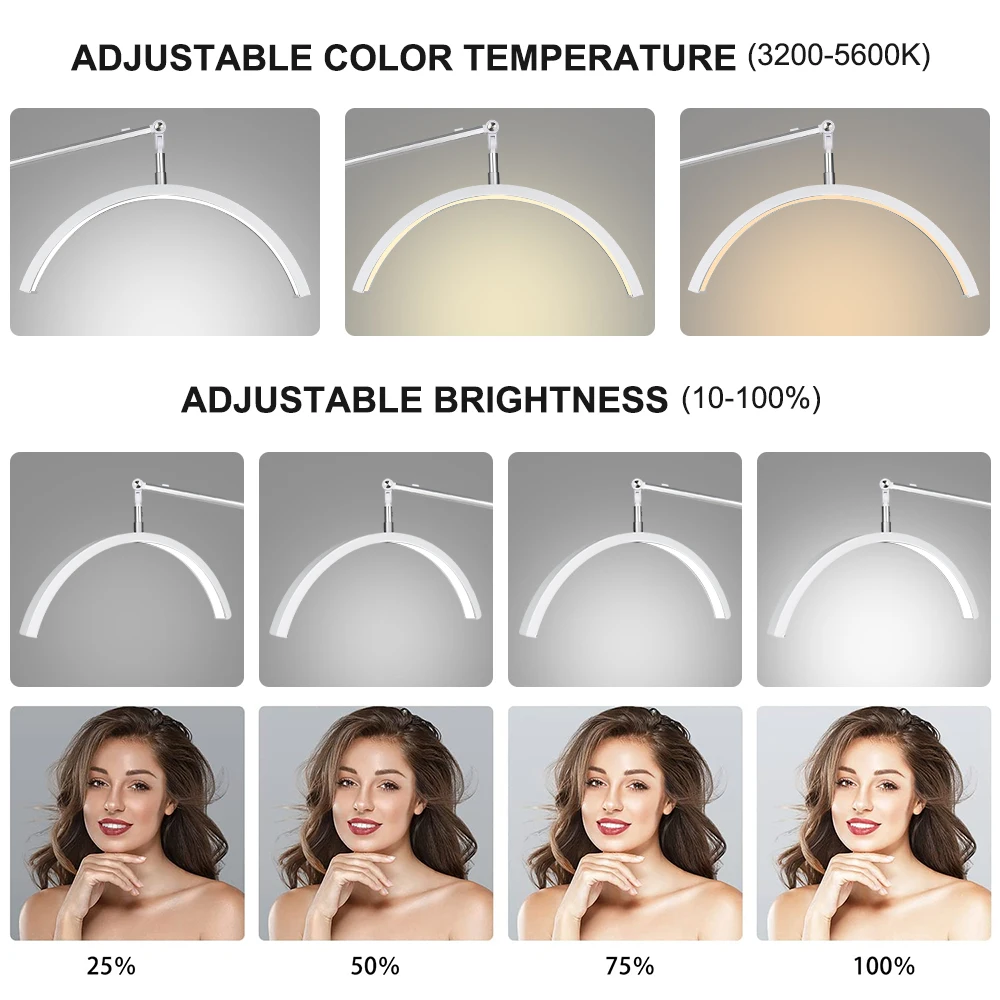 속눈썹 LED 플로어 조명 20인치 36W 반달형 플로어 램프 3200K-5600K 도구 트레이와 휴대폰 거치대 포함, 스킨케어, 눈썹, 속눈썹 시술용