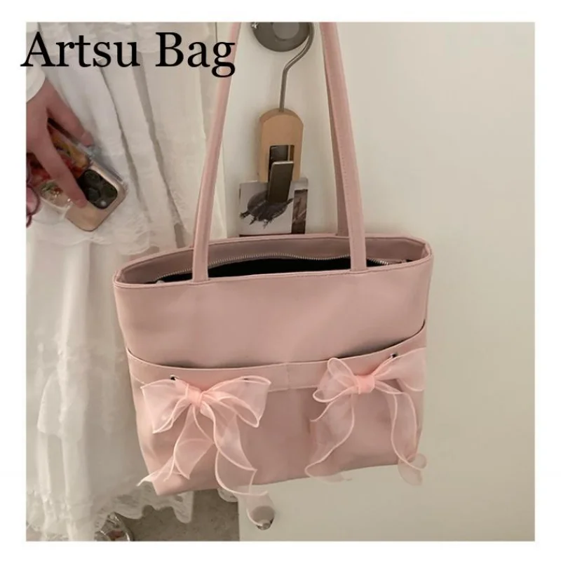 Pink Boston Bag 2024 New Silk Bow Decor Summer Date Bag Commuter Handheld Large Capacity Tote Bag for Women Shoulder Bag