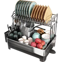 Dish Drying Rack,304 Stainless Steel 2 Tier Large Dish Rack and Drainboard Set w/ Drainage Spout,Dish Drainer w/ Utensil Holder 1