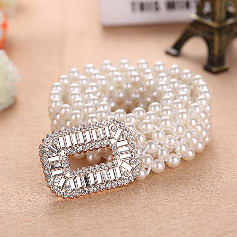 

Fashion Sweet Dress Elastic Band Women Designer Belt New Women's Pearl Waist Chain Rhinestone Pearl Decoration Belt