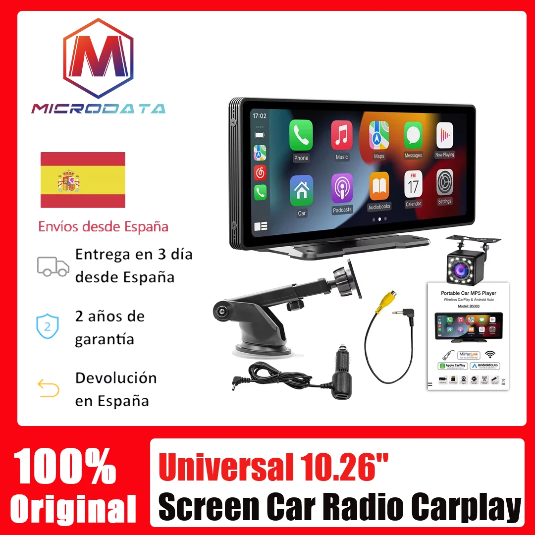 Autoradio Carplay universel, écran 10.26 pouces, lecteur vidéo multimédia WIFI, écran Carplay sans fil + caméra 12LED pour Apple ou Android