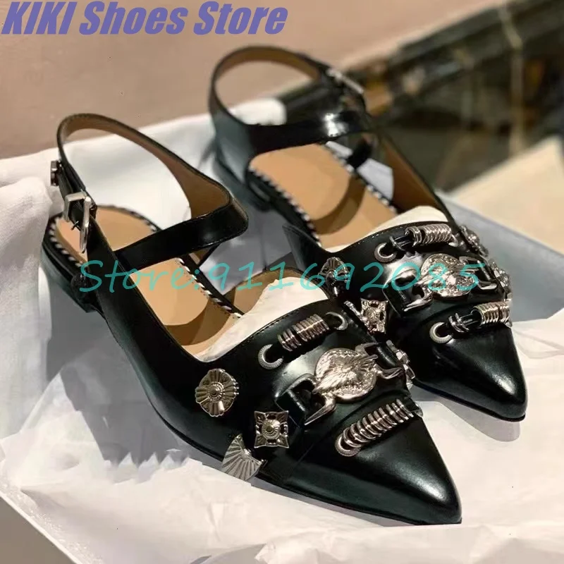 

Retro sandals and slippers women's spring new punk style rivet metal buckle belt flat shoes pointed sandals