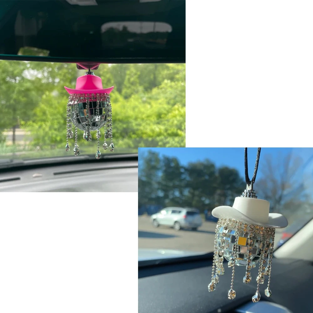 pink cowgirl cowboy hat car charm rear view mirror hanging disco ball bling  keychain western - Aliexpress