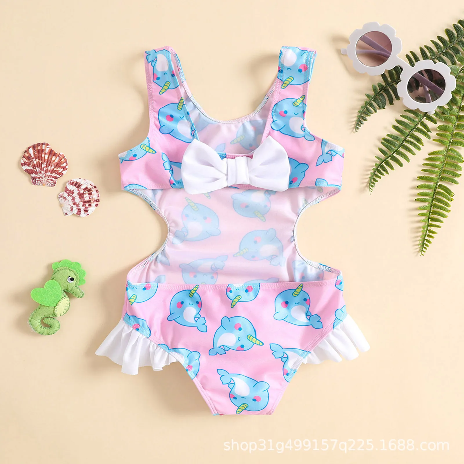 

New Summer Pink Cherry Print Backless Jumpsuit For Baby Girls Swimming Suit Quick Drying And Refreshing Bathing Suit