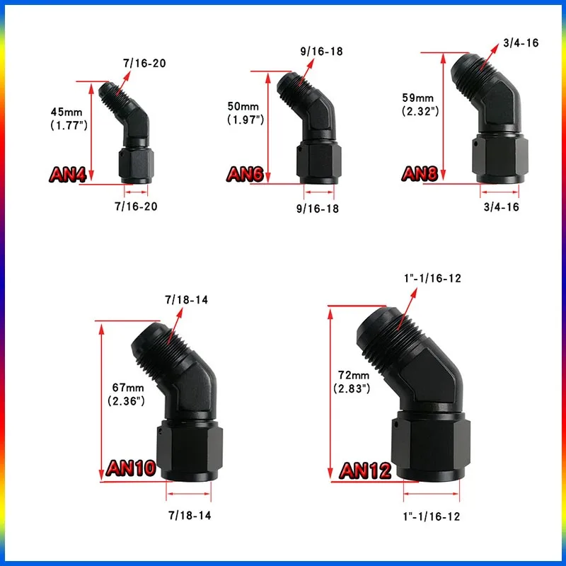 Oil Fuel Fittings End Fittings Female to Male Gas Push Lock AN4 AN6 AN8 AN10 AN12 Swivel Adaptors To Male Black 45 90 Degree