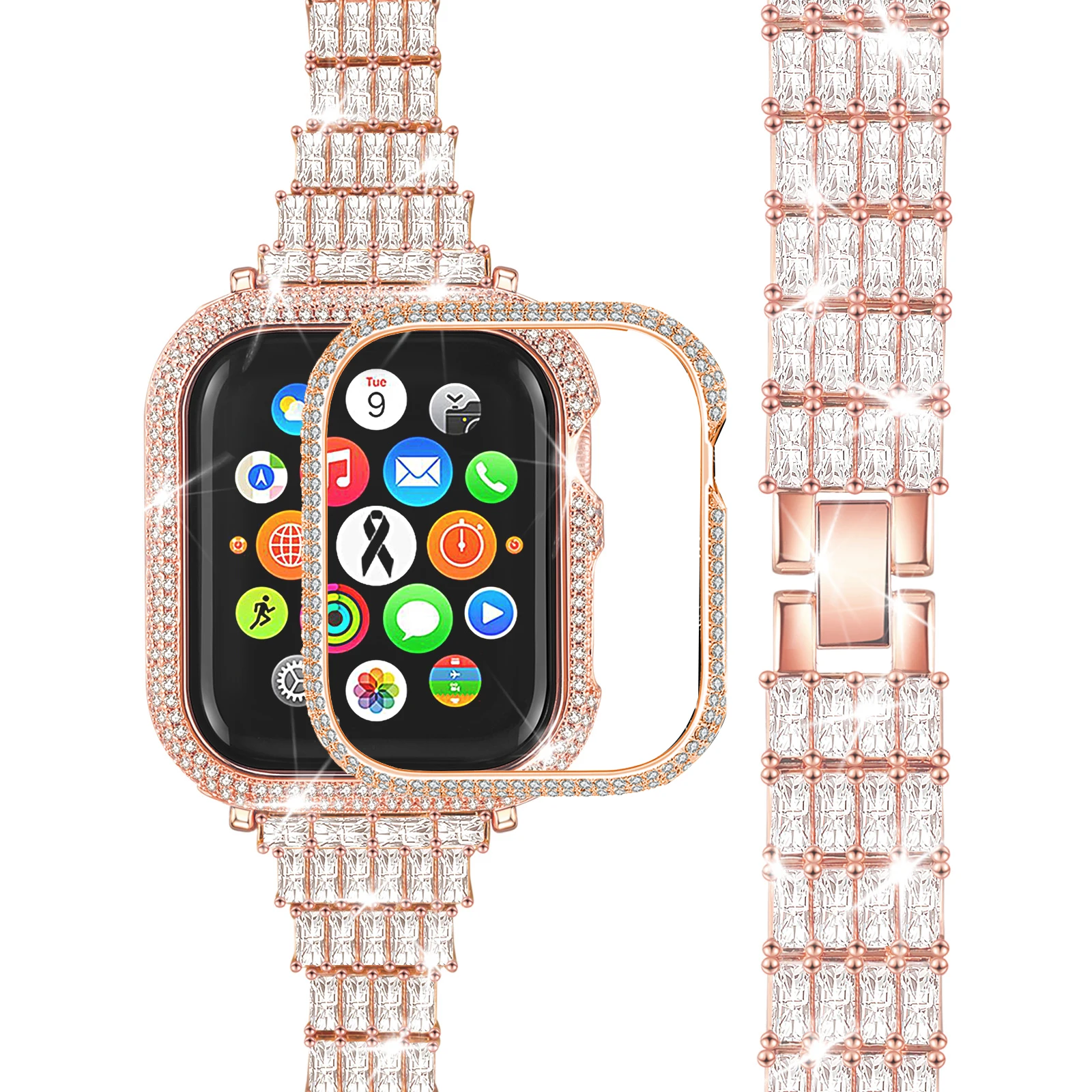

Diamond Case+Strap For Apple Watch 7 40mm band 44mm 41mm Correa Women Stainless Steel Bracelet Band Cover iWatch 7 SE 6 5 3 45mm