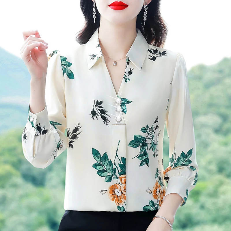 

M-4XL New fashion Silk Chiffon Blouse Shirt 2023 Autumn Women Clothing Turndown Collar Long Sleeve Floral Printed Tops