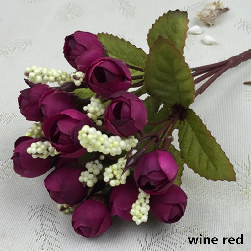 15 Heads/Bouquet Bud Roses Bract Simulation Flowers Silk Rose Decorative Floral Home Decorations for Wedding Gifts Photo Props