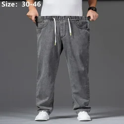 Thick Thigh Wide Leg Jeans For Men Autumn Straight 140KG Stretched Gray Denim Trousers Elastic Waist Plus Size 42 46 Male Pants