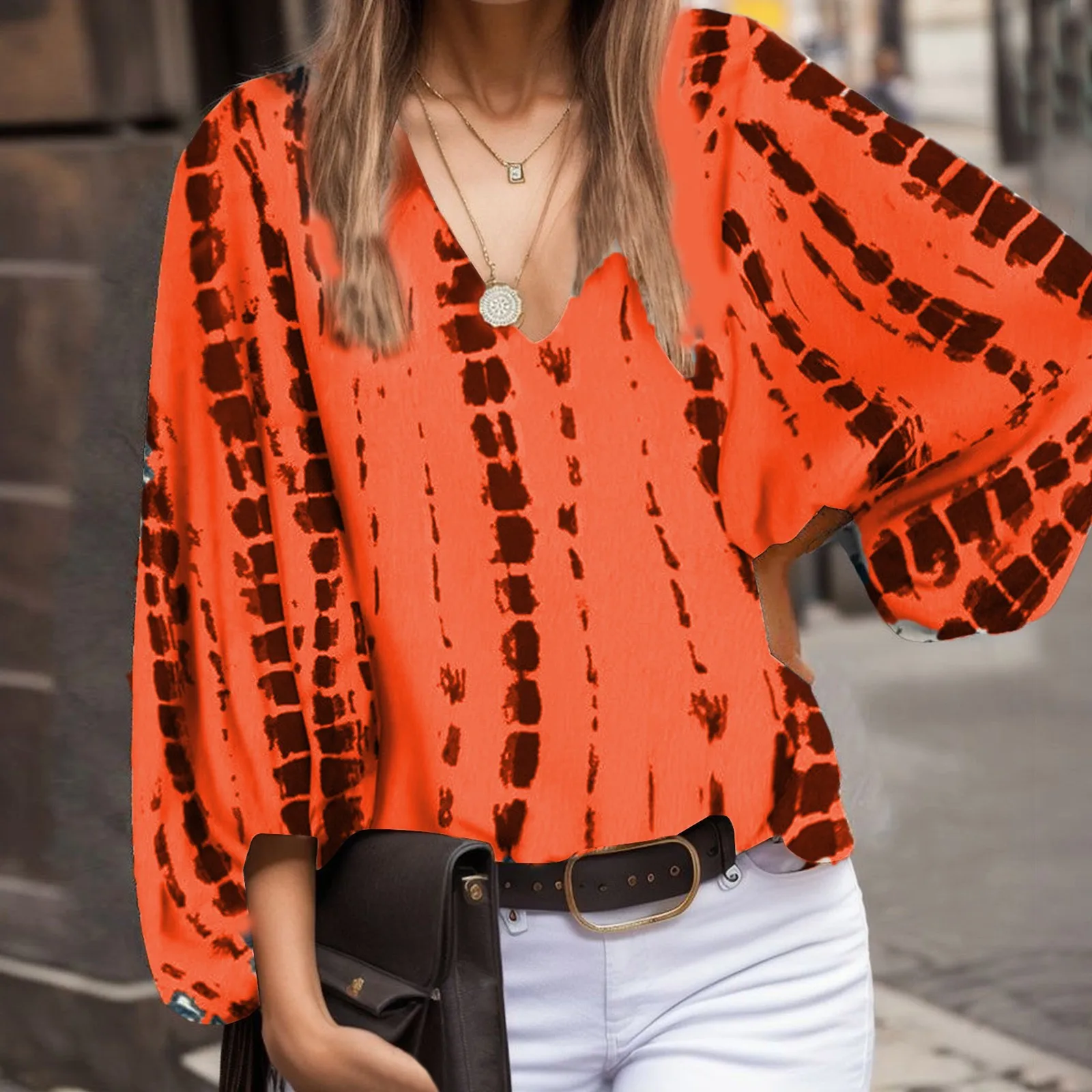 

2024 New Women's Spring And Autumn Fashion Blouse Casual Loose V Neck Tie Dye Printed Shirt Vintage Lantern Long Sleeve Blouse