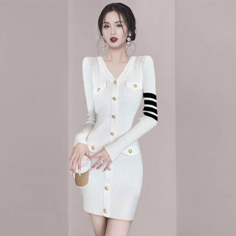 Autumn Winter Temperament Elegant Slim V-neck Dresses Women Fashion Sexy Commute Knitted Dress 1