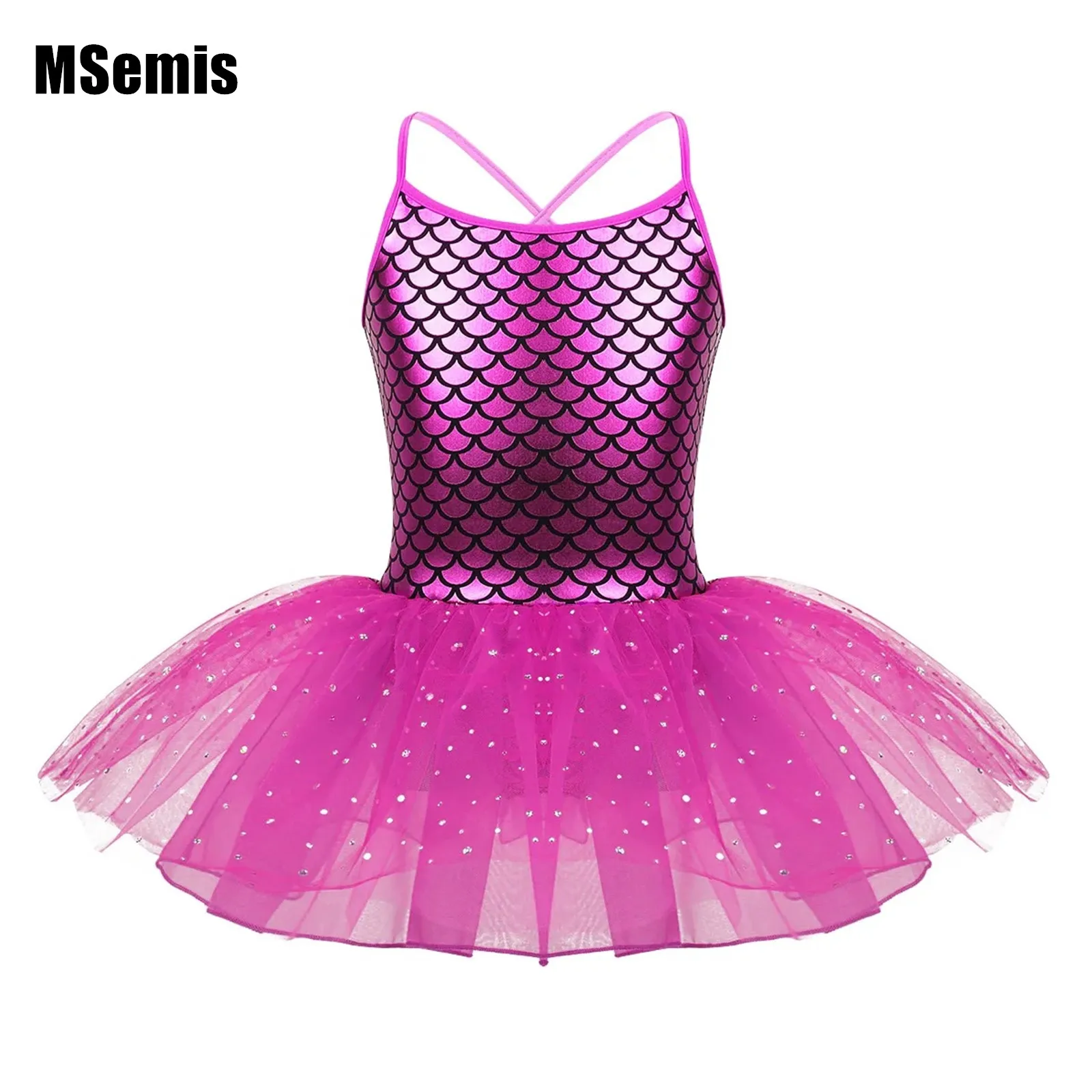 

Kids Girls Glitter Mermaid Dress Spaghetti Shoulder Straps Scales Pattern Printed Ballet Dance Gymnastics Leotard Tutu Dress