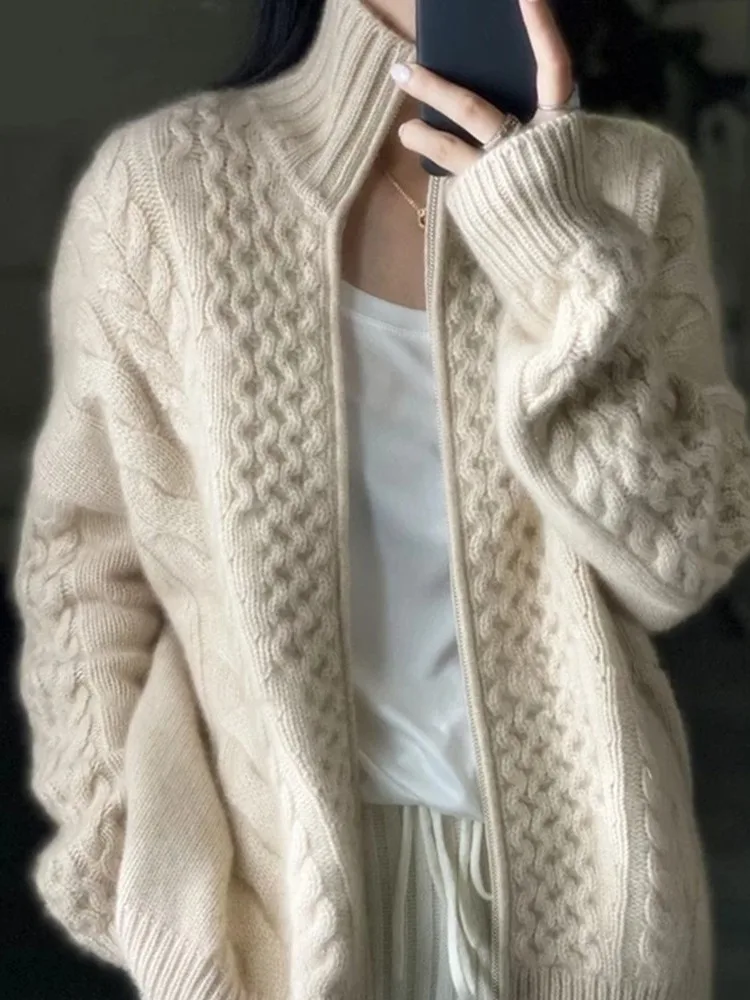 Autumn And Winter New Thick Turtleneck Cashmere Knitted Cardigan Women's Loose Wool Sweater Cardigan Larg Size Female Jacket Top