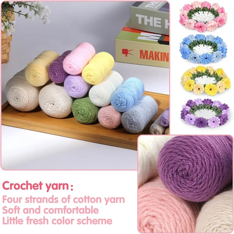 BUDDUR 4Pcs Flower Coaster Crochet Knitting Kit With Manual And Cotton Yarn Thread DIY Handmade Craft Accessories Tools Set