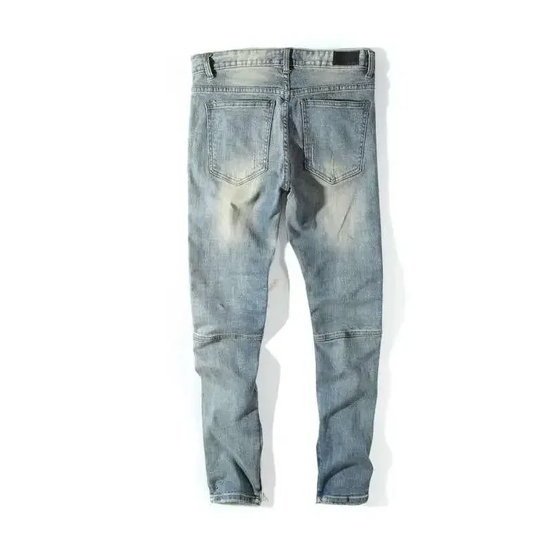 Men's Jeans Ripped with Holes Broken Trousers Man Cowboy Pants Torn Tapered Pockets Light Blue Summer Denim Trend Luxury Xs