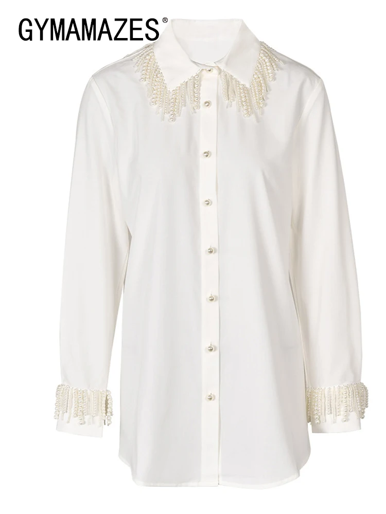 

GYMAMAZES Patchwork Tassel Shirts For Women Lapel Long Sleeve Spliced Pearl Summer Casual Loose Blouse Female Fashion Clothing