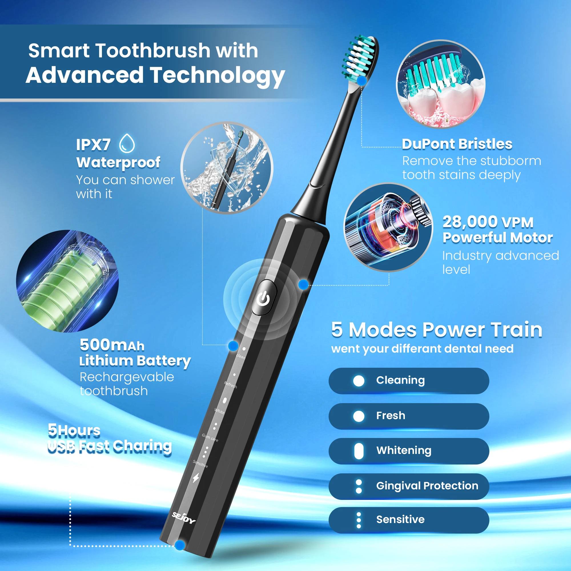 Electric Toothbrush Rechargeable With 8PCS Replacement Head Smart Timing Tooth Brush 5 Modes Teeth Clean Whitening Sonic Toothb 4