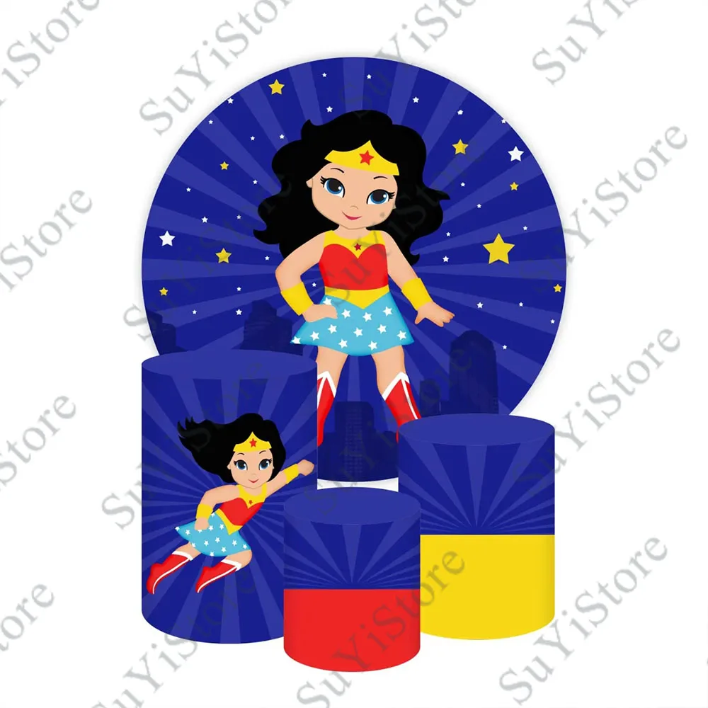 Supereroe Wonder Woman Round Background Cover Per Ragazze Festa Di Compleanno Baby Shower Dc Comics Circle Photo Background Plinth Covers