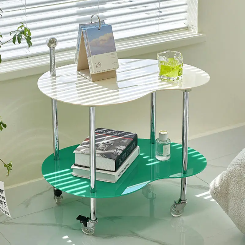 

Mobile Coffee 2-Layer Acrylic Storage Shelf Lockable Wheels Stainless Steel Frame Trolley Cart Side Table