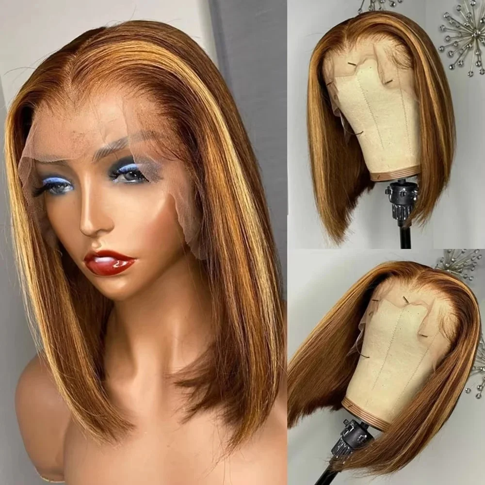 4/27 Highlight Bob Wigs Straight Lace Front Wig Human Hair 613 Honey Blonde Ombre Colored 13x4 Frontal Short Bob Wig Human Hair 2
