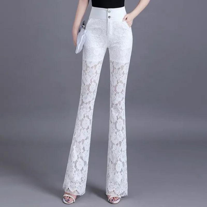 

Elegant Vintage Lace Hollow Out Flare Pants for Women 2024 Spring New Office Lady Commuter High Waist Sashes Button Trousers Y2k