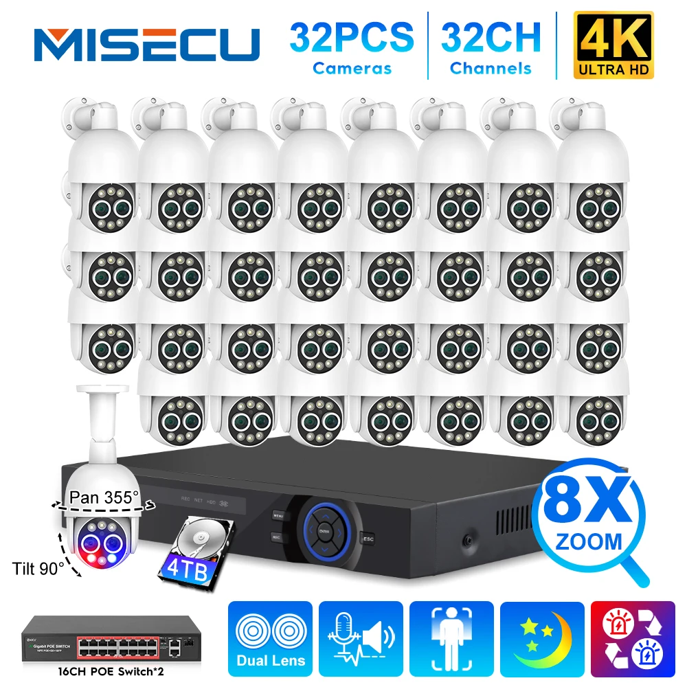 MISECU 32CH 8MP Dual Lens PTZ POE Camera System 8X Hybrid Zoom Human Detect Auto Track Two Way Audio CCTV Video Surveillance Kit