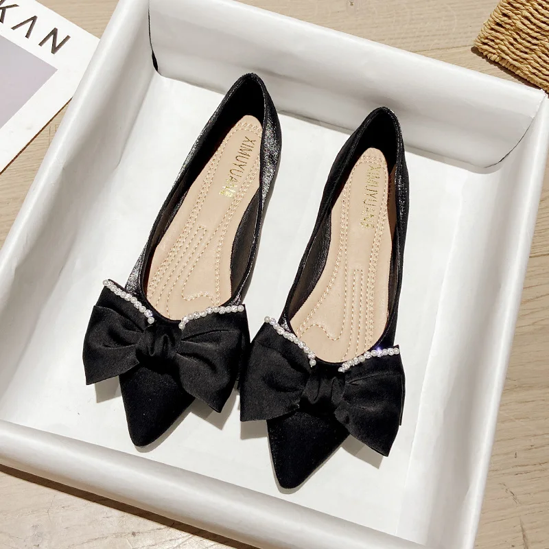 

Модные Всесезонные туфли с бантом, женские нишевые остроносые топ-сайдеры, черные рабочие туфли большого размера