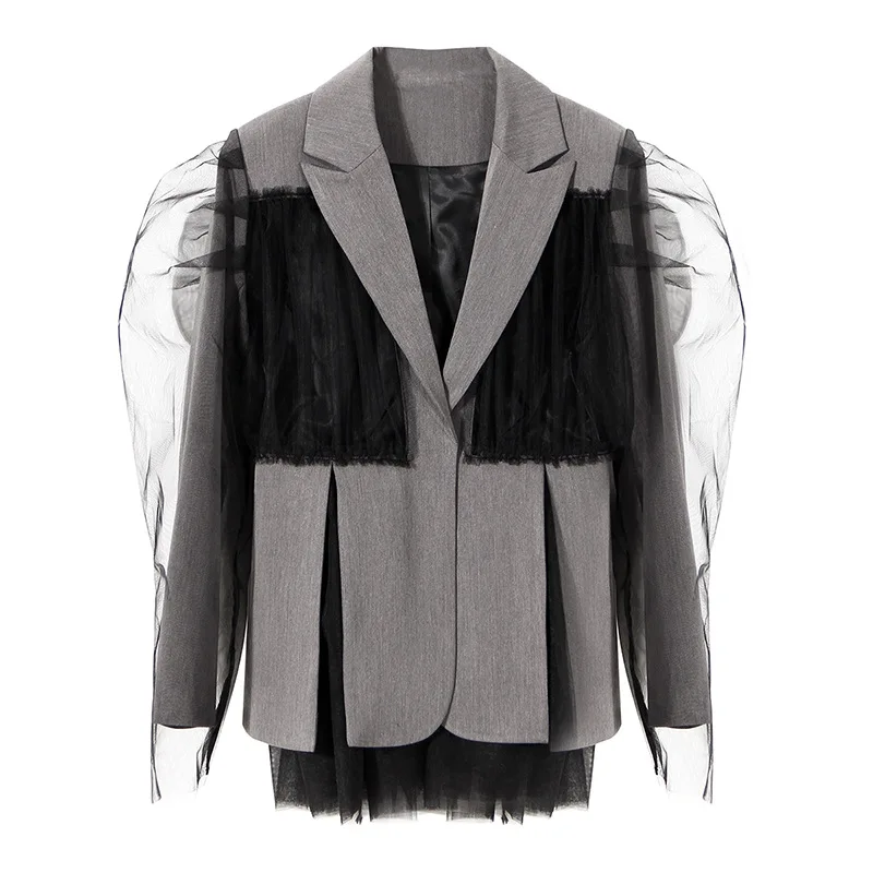 

ZCSMLL Fashion Mesh Splicing Suit Autumn 2021 New Design Sense Contrast Color Split Fork Minority Suit Jacket Women L002