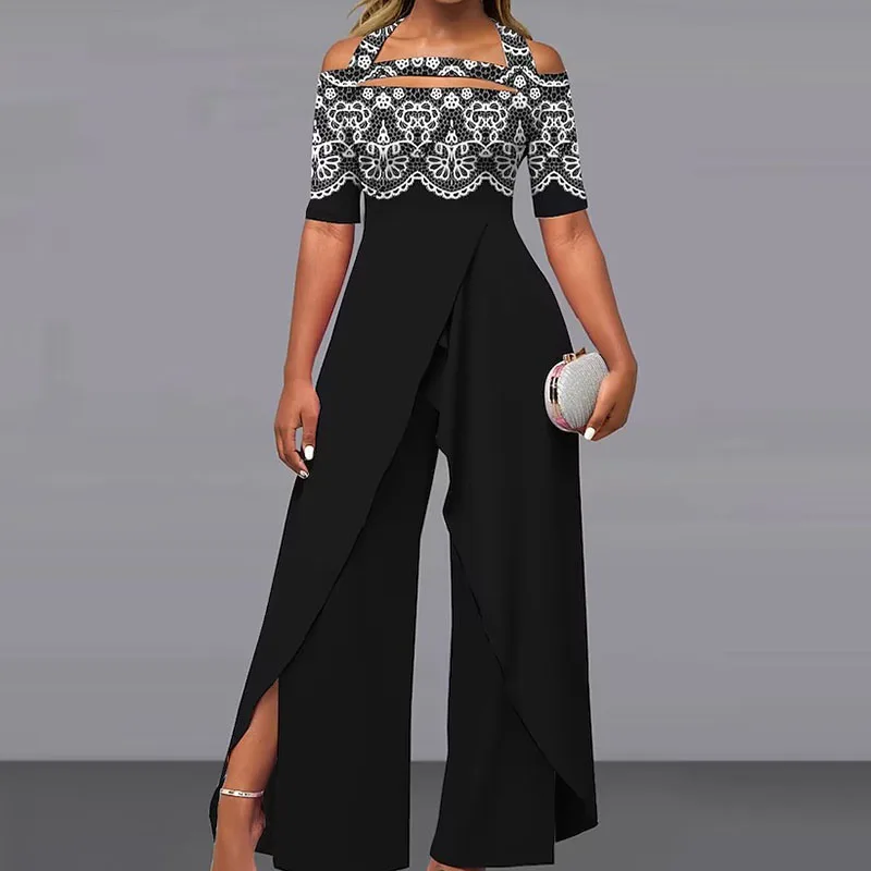 Women\'s Jumpsuits for Special Occasions Print Floral Off Shoulder Elegant Party Office Wide Leg Regular Fit Short Sleeve Summer