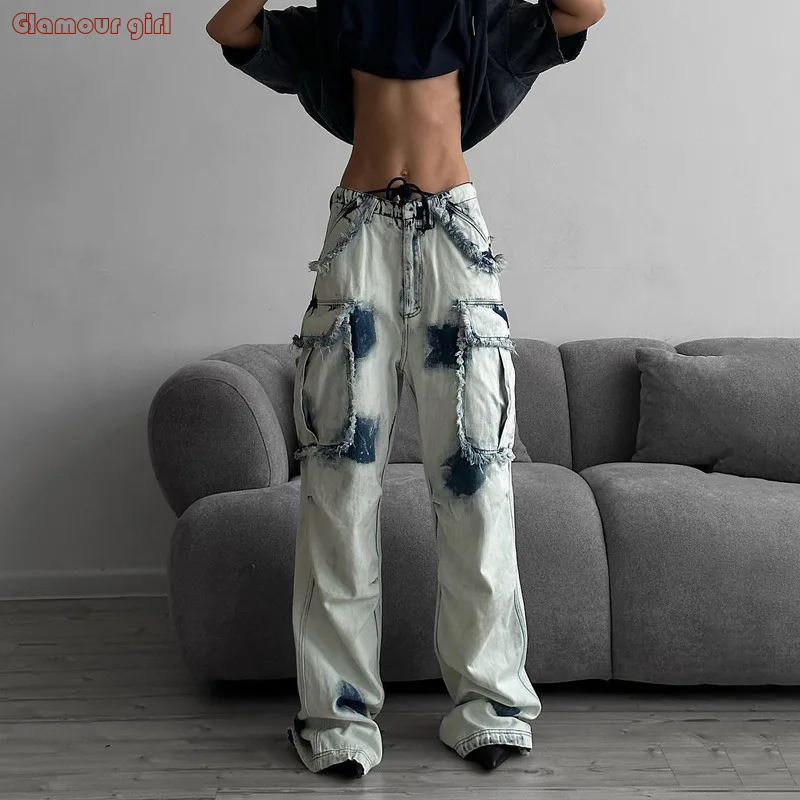 

American low rise tattered style slim straight leg jeans pocket patchwork distressed loose and versatile wide leg pants denim