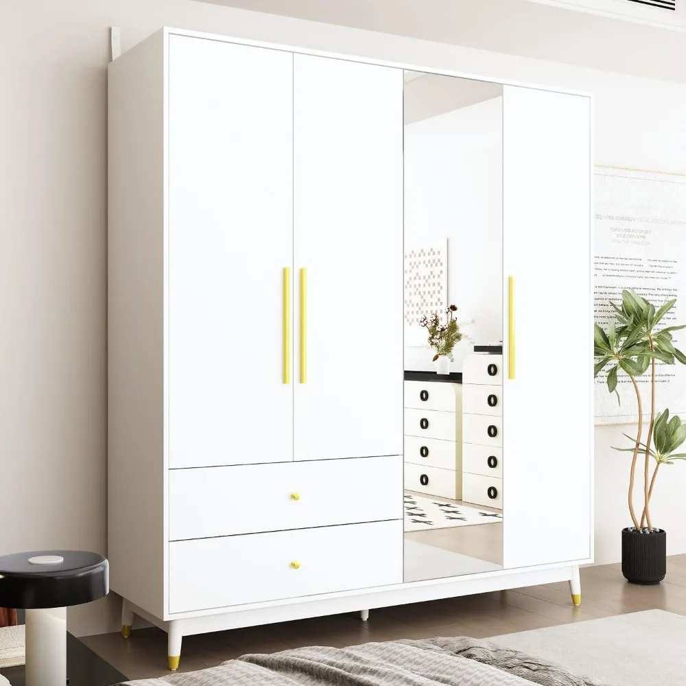 4-Door Wardrobe with Mirror & 2 Drawers, Armoire Wardrobe Closet with 2 Hanging Rods, Armoire Closet with Wooden Legs, Closet 4