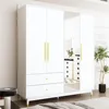 4-Door Wardrobe with Mirror & 2 Drawers, Armoire Wardrobe Closet with 2 Hanging Rods, Armoire Closet with Wooden Legs, Closet 4