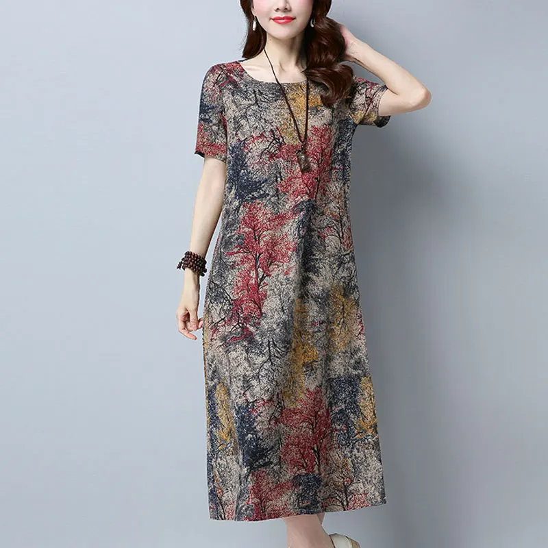 

Fashion Vintage Printed Dresses Folk Loose Pockets Spliced Women's Clothing Short Sleeve 2024 Summer A-Line Waist Midi Dress