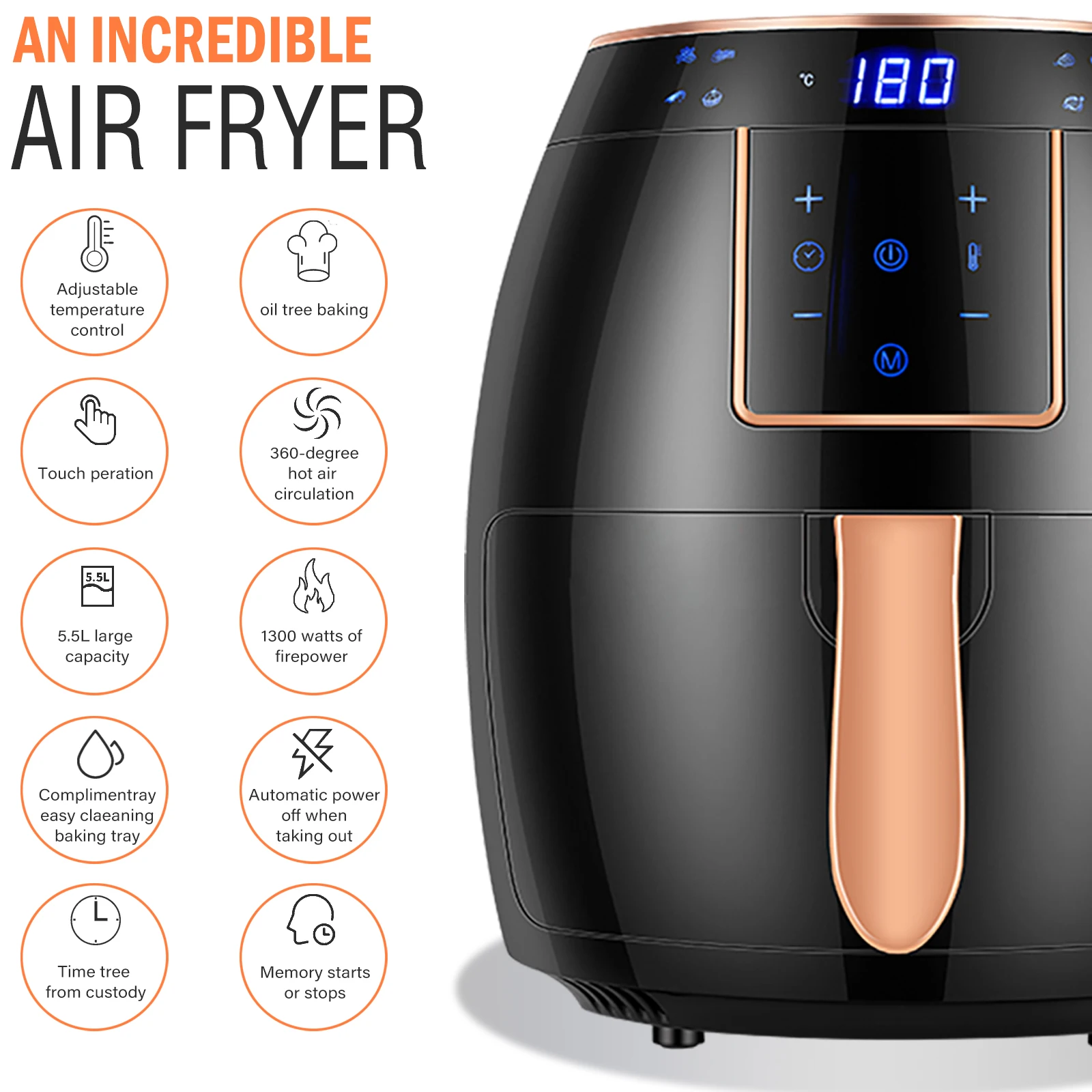 Air Fryer 5.5L Household Large Capacity 1300W Big Firepower Timing