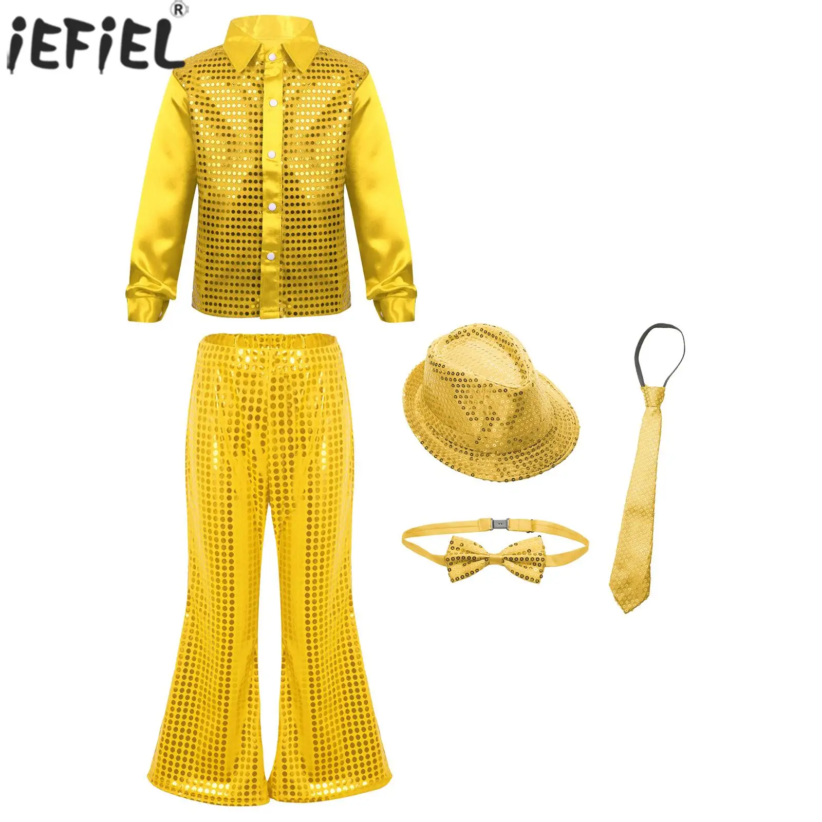 Kinder Jazz Dance Disco moderne Bühnen performance Outfits glitzernde Pailletten Langarmhemd mit ausgestellten Hosen Hut Fliege Krawatte