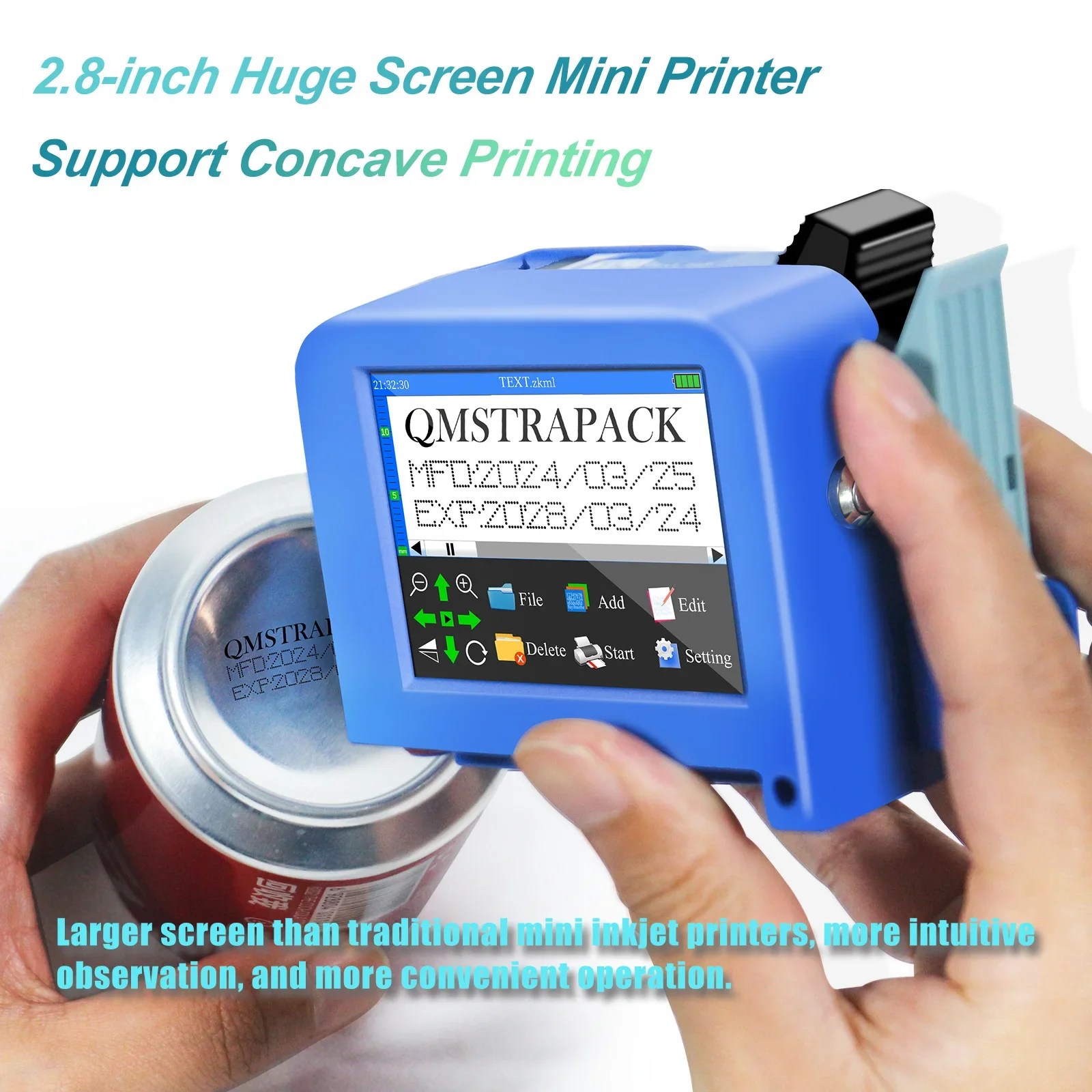미니 핸드헬드 잉크젯 프린터, QR 바코드 배치 날짜 번호 로고 만료 날짜 미니 프린터용, 빠른 건조 잉크 포함, 2.8 인치, 12.7mm
