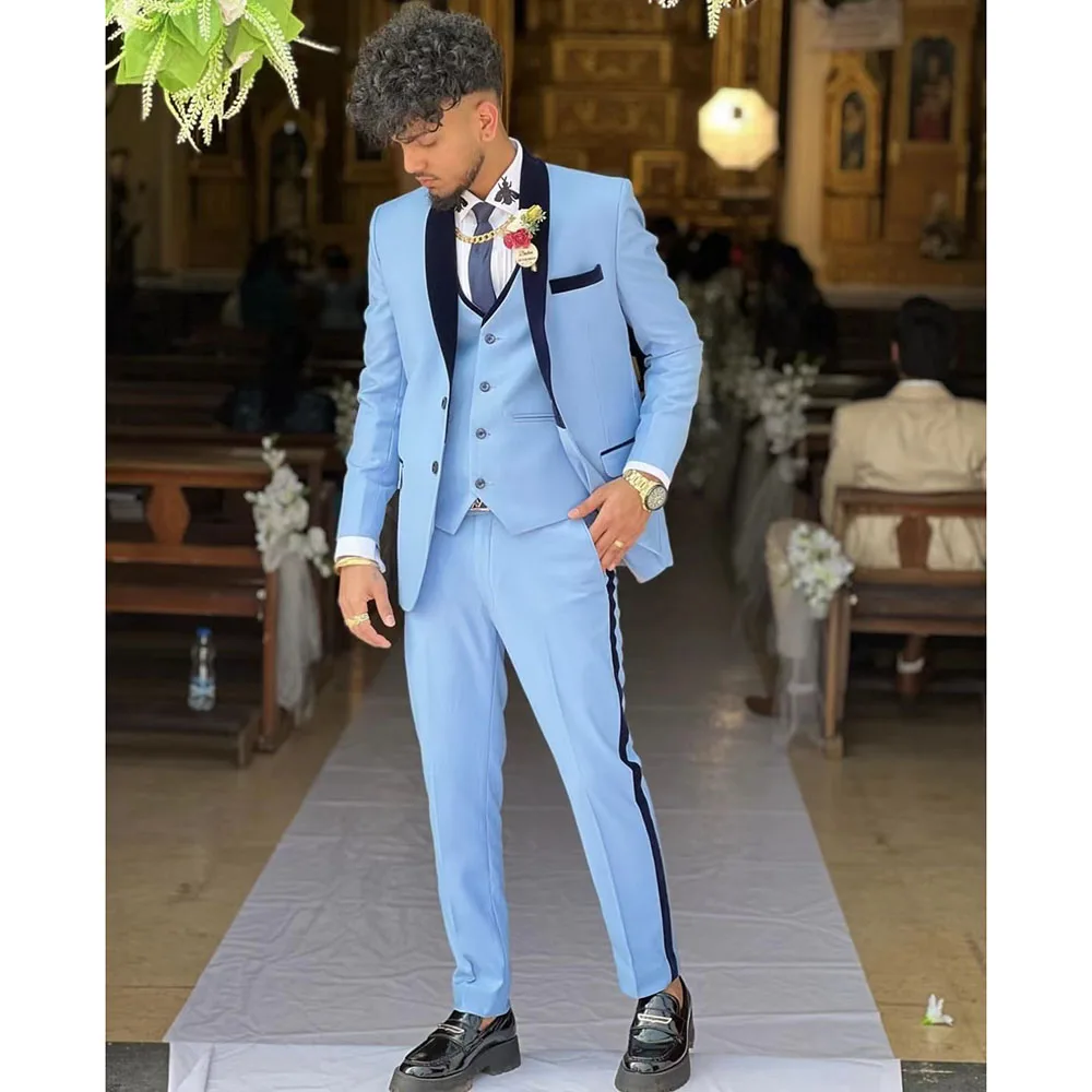 

2023 Wedding Men Sky Blue Navy Blue Shawl Lapel Suits Business Casual Formal Costume Homme Slim Fit 3 Pcs Set Jacket Vest Pants