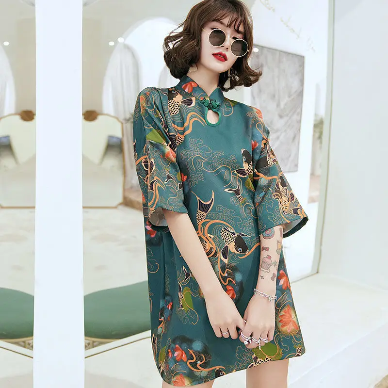 

Elegant Fashion Chinese Style Short Sexy Cheongsam Young Girls Daily Slimming Printed Party Improved Qipao Dress for Women