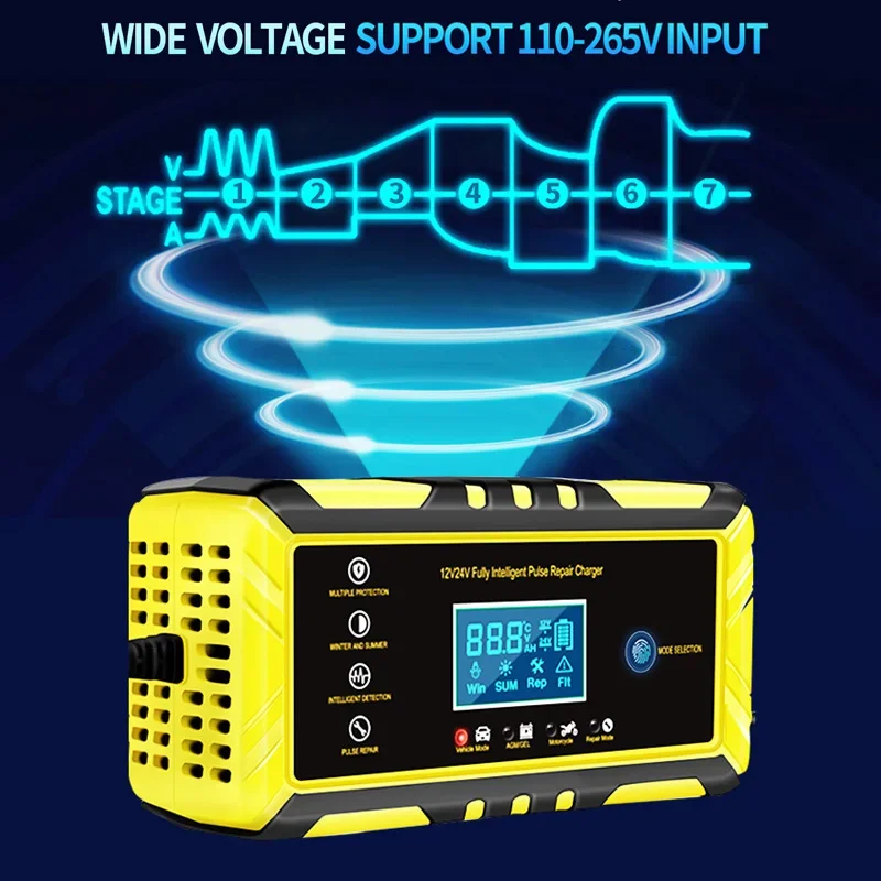 Car Battery Accessories 12/24V Fully Automatic Car Battery Charger 8A Pulse Repair LCD Battery Charger for Car Motorcycle Lead Acid Agm Gel Wet