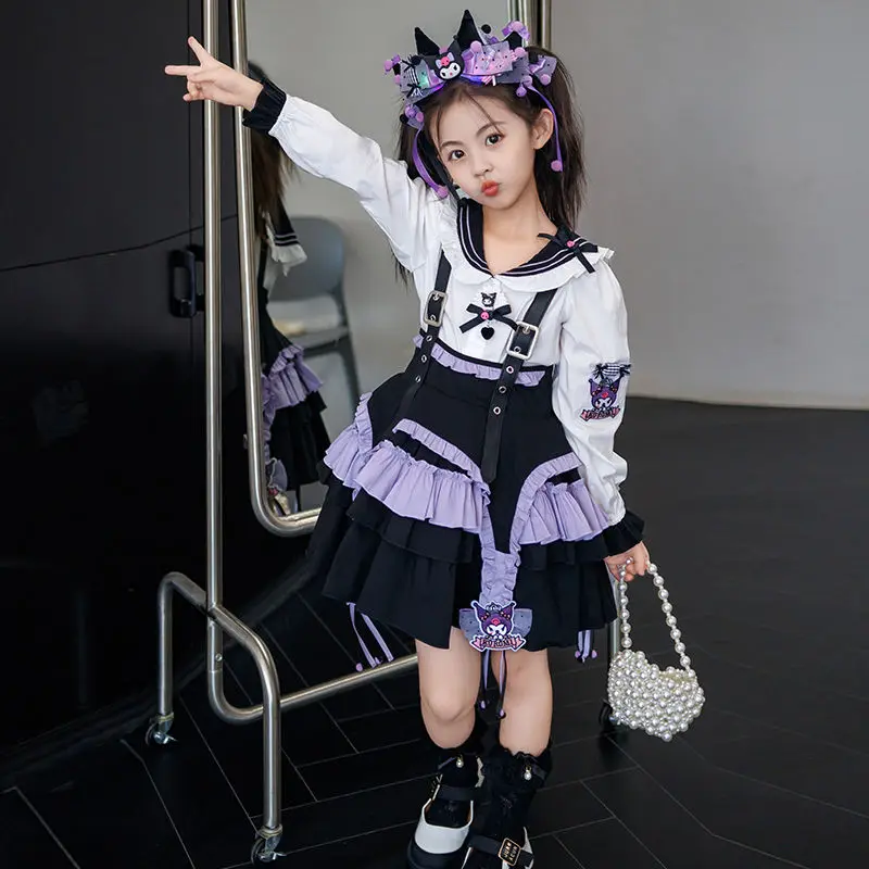

Kawaii Sanrios Kuromi Autumn Winter Children's Suit Cartoon Lolita Pleated Skirt Jk Uniform Suit Shirt and Skirt Two Piece Set