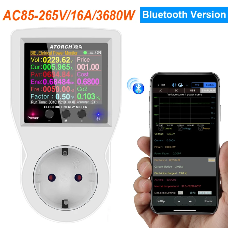 Bluetooth Digital Wattmeter 220V AC Power Energy Meter EU/US Plug Electricity Consumption Wattage