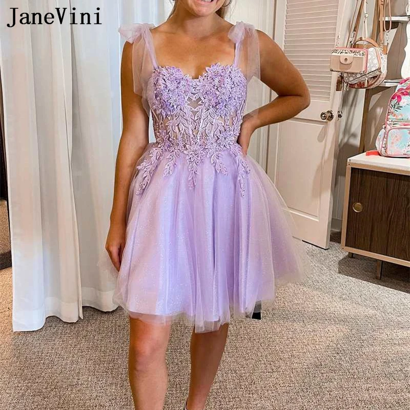JaneVini Elegant Lilac Lace Appliqued Homecoming Dresses Short Mini Beaded Women Party Wear Sexy Illusion Tulle Cocktail Dress