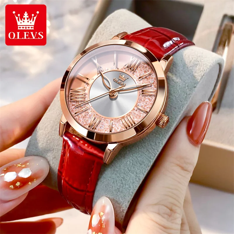 OLEVS New Luxury High Quality Fashion Women Watch Stylish Crystal Dial Red Leather Ladies Quartz Watch Girls Relogio Feminino