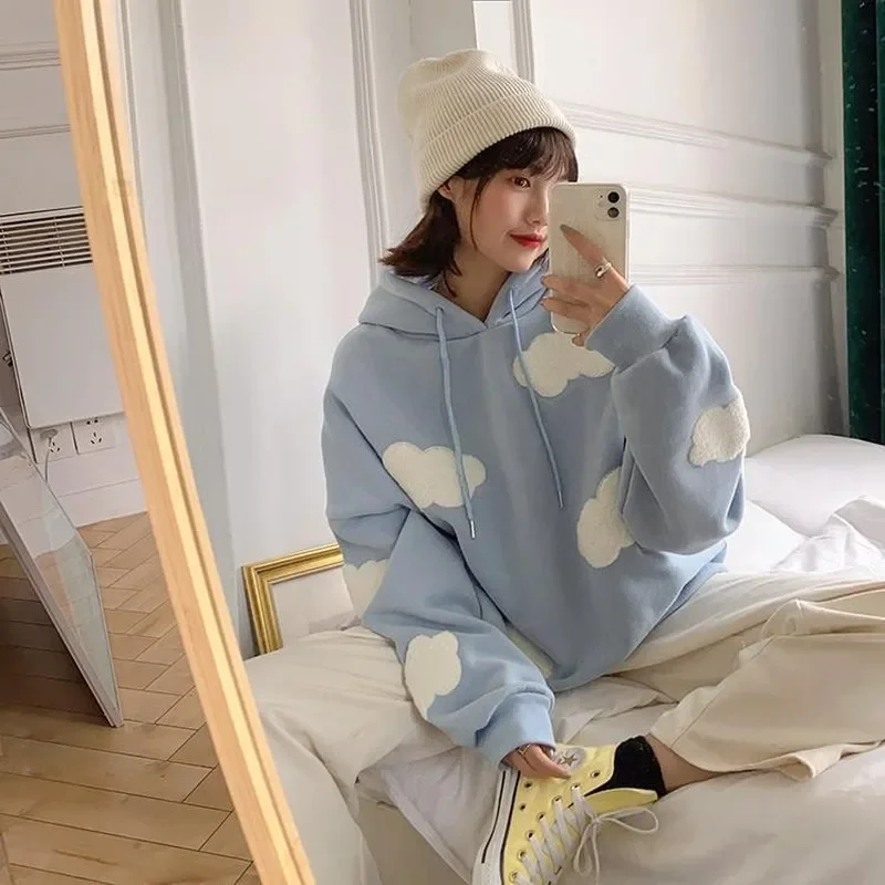 Women Winter 2022 Fashion Korean Sweatshirt Clouds Pullover Women Plus Velvet Warm Long Sleeve Tops Casual Hoodies Kawaii Female