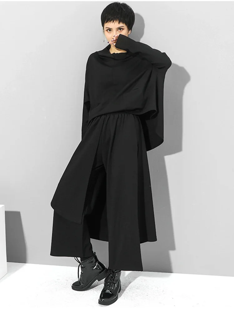 [EAM] High Elastic Waist Black Irregular Long Wide Leg Trousers New Loose Fit Pants Women Fashion Tide Spring Autumn 2026 1Z289